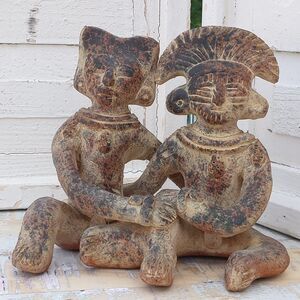 Vintage Mexico Aztec Mayan Terracotta Figural Statue Of Sitting Couple Embracing